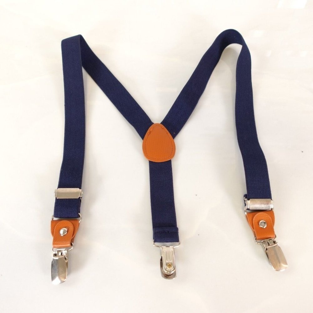 Navy Blue Suspenders Boys Leather Patch Y Back Classic Solid‎ Clip Adjustable